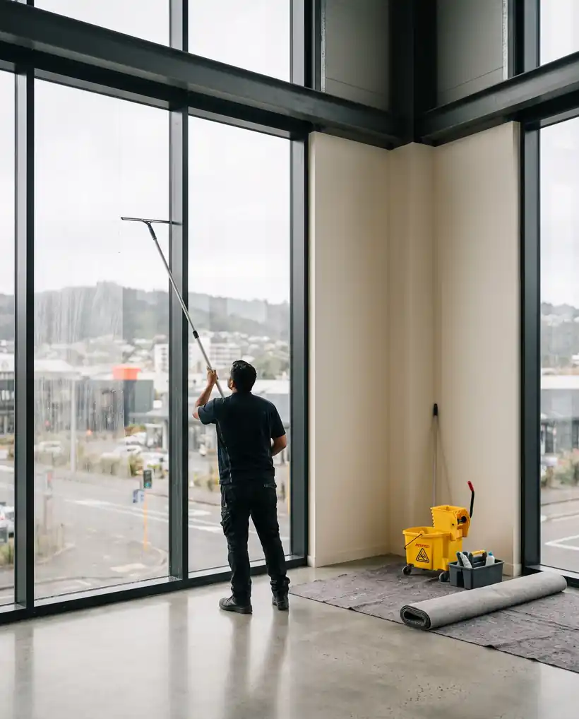 A cleaning operative detailing full-height glazing with a long-reach squeegee in a near-complete commercial interior, mop bucket and floor protection to one side.